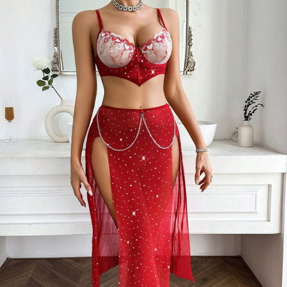 Embroidered Bra Split Red Three-piece Suit