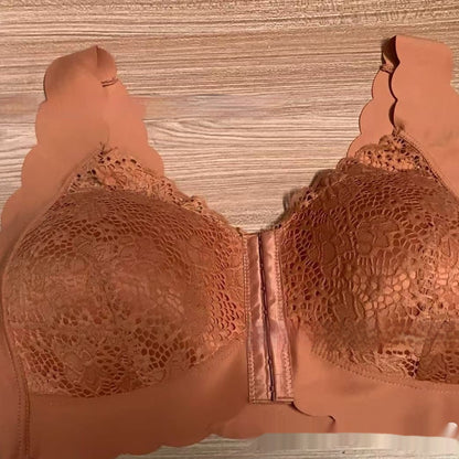 French Style Lace Thin Gathering Bra Front Buckle Large Size Without Steel Ring Breathable