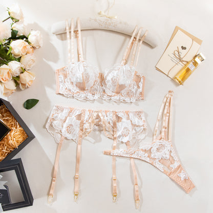 Flower Embroidery Thin Bra Hollow Underwear Three-piece Set