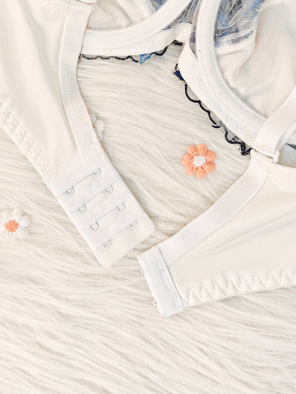 Women's Bra Set  White With Orchid Design, Push-up Bra