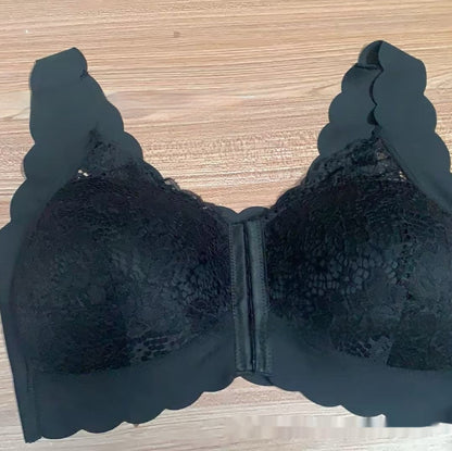French Style Lace Thin Gathering Bra Front Buckle Large Size Without Steel Ring Breathable